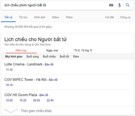 Xem lịch chiếu phim trên Google