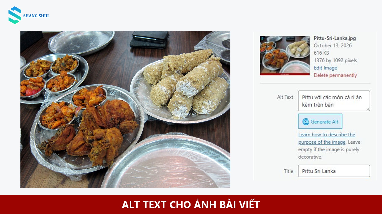 Ví dụ ảnh Pittu bên cạnh trường Alt Text trong WordPress ghi mô tả món ăn