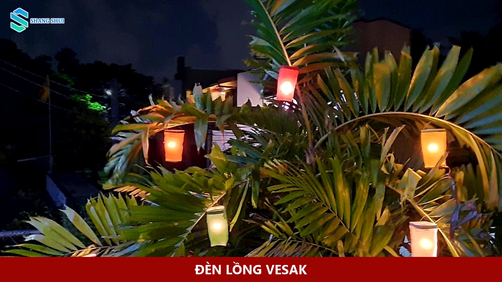 Đèn được đặt trong những khung lá trang trí dịp Vesak