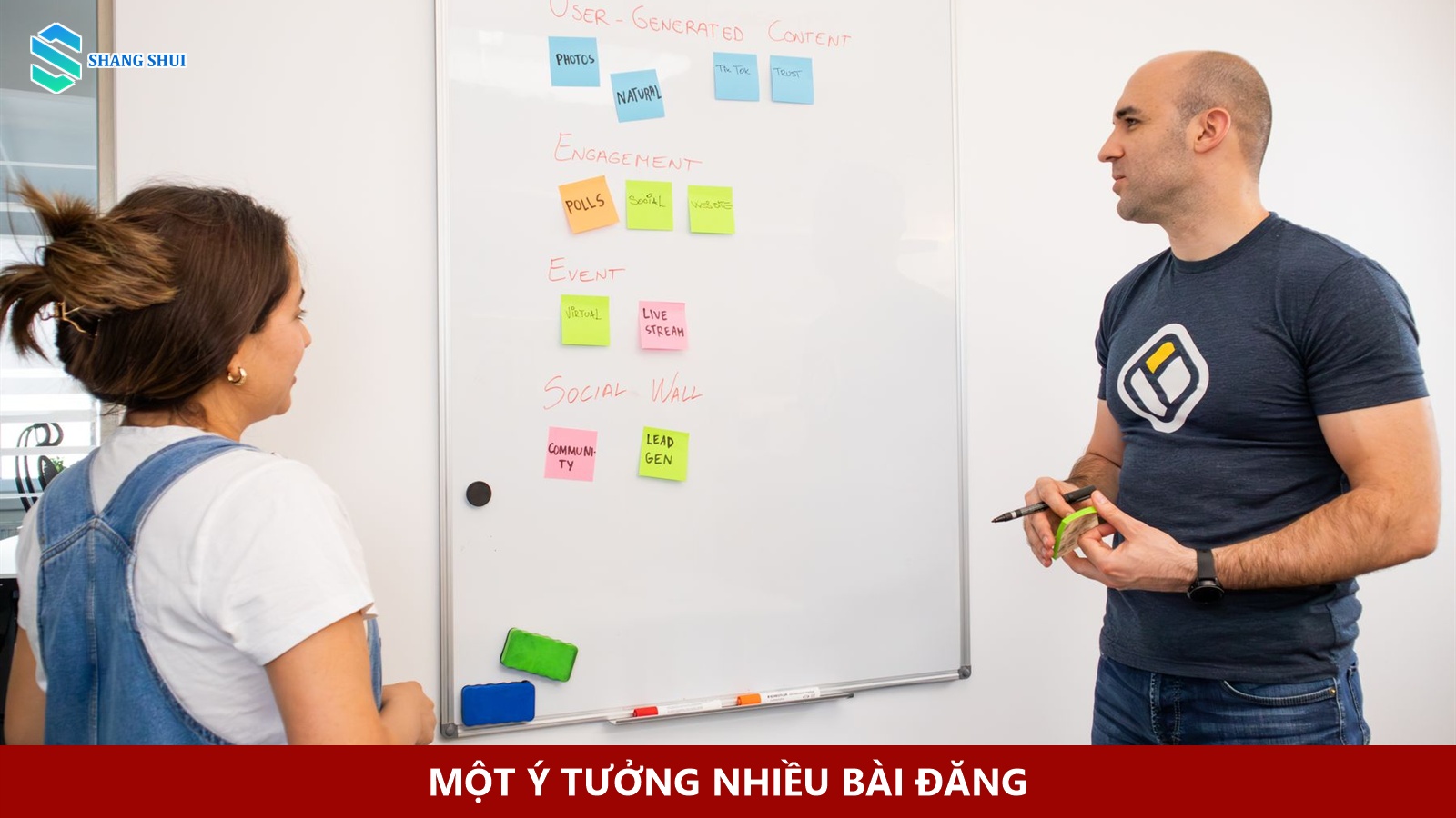 Hai người trao đổi ý tưởng trước bảng trong văn phòng