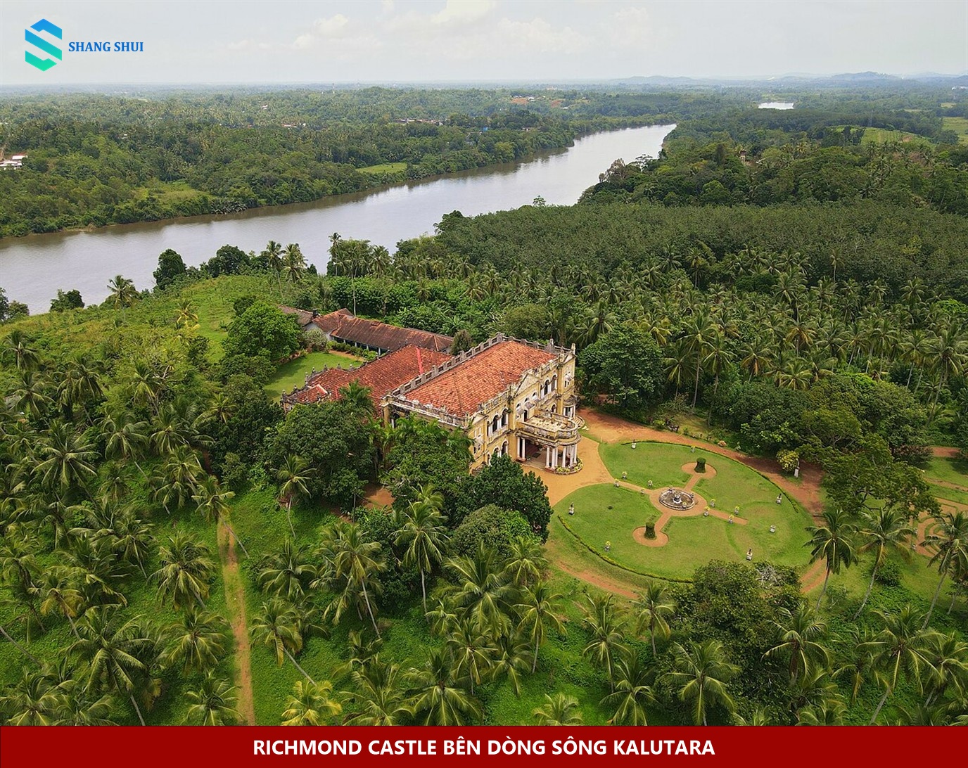 Richmond Castle tại Kalutara nhìn từ trên cao giữa cây xanh và dòng sông