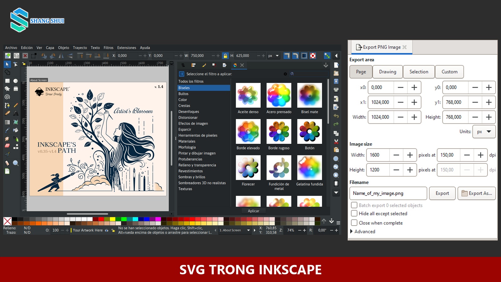 Giao diện Inkscape và hộp Export PNG Image với vùng xuất và kích thước pixel