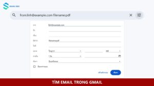 Thanh tìm kiếm Gmail với from:linh@example.com filename:pdf và hộp tùy chọn tìm kiếm