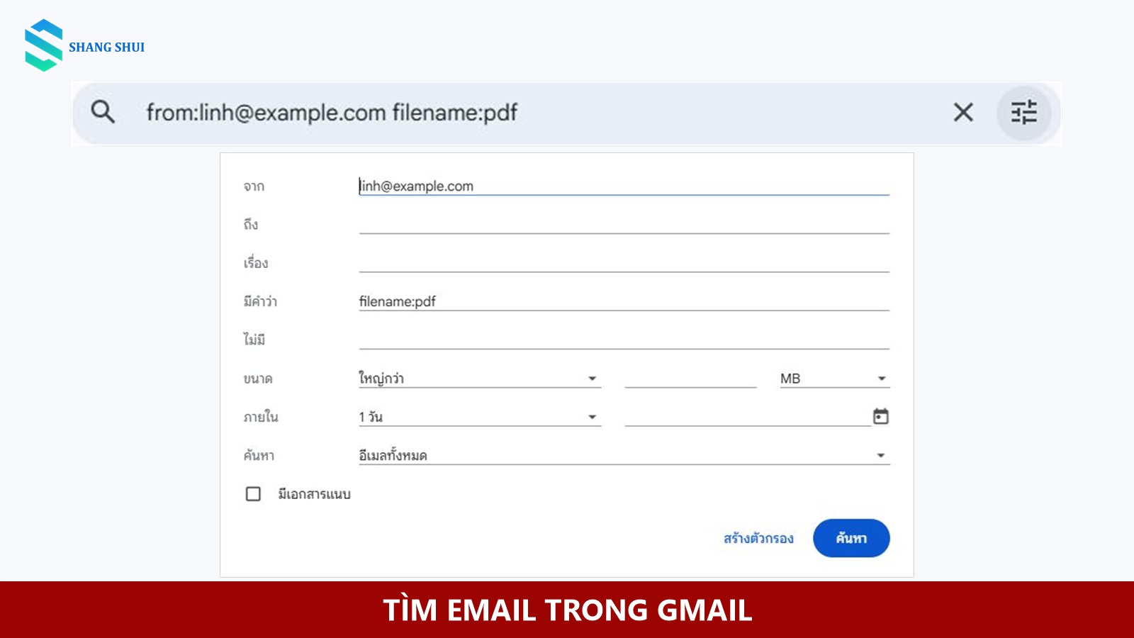 Thanh tìm kiếm Gmail với from:linh@example.com filename:pdf và hộp tùy chọn tìm kiếm