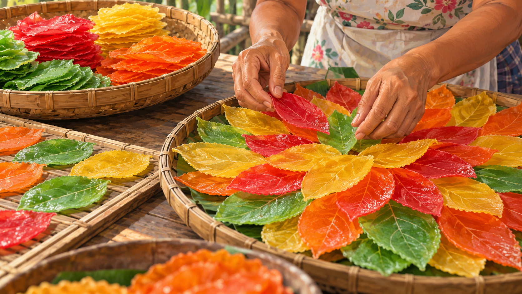 Bàn tay sắp xếp những miếng bánh gạo hình lá nhiều màu trên khay tre.