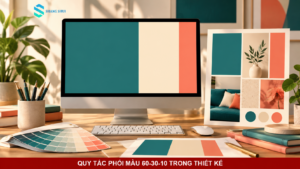 Bảng màu thiết kế với ba gam teal, kem và san hô theo tỷ lệ chính phụ điểm nhấn