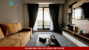 Không gian phòng khách căn hộ gọn gàng, thoáng đãng với hệ thống máy lạnh sạch sẽ.
