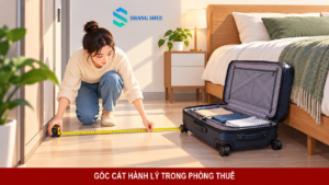 Minh họa người đo chỗ đặt và mở vali trong phòng thuê