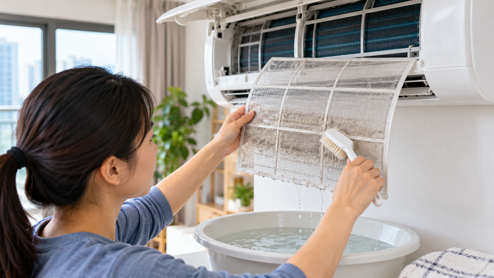 Người lớn dùng bàn chải làm sạch lưới lọc vừa tháo khỏi điều hòa treo tường.