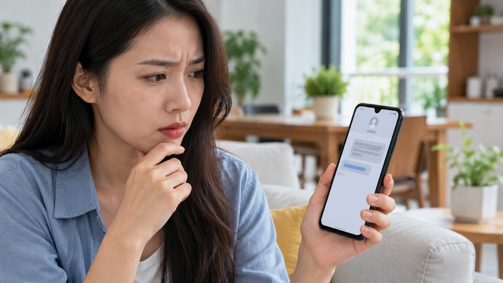 Người dùng xem tin nhắn trên điện thoại và cân nhắc trước khi nhấn liên kết.