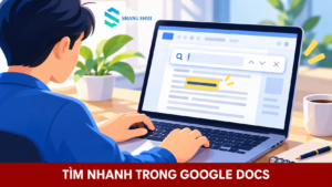 Minh họa người tìm cụm từ trong tài liệu trên laptop