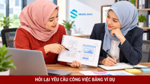 Minh họa hai đồng nghiệp trao đổi bản phác thảo yêu cầu công việc