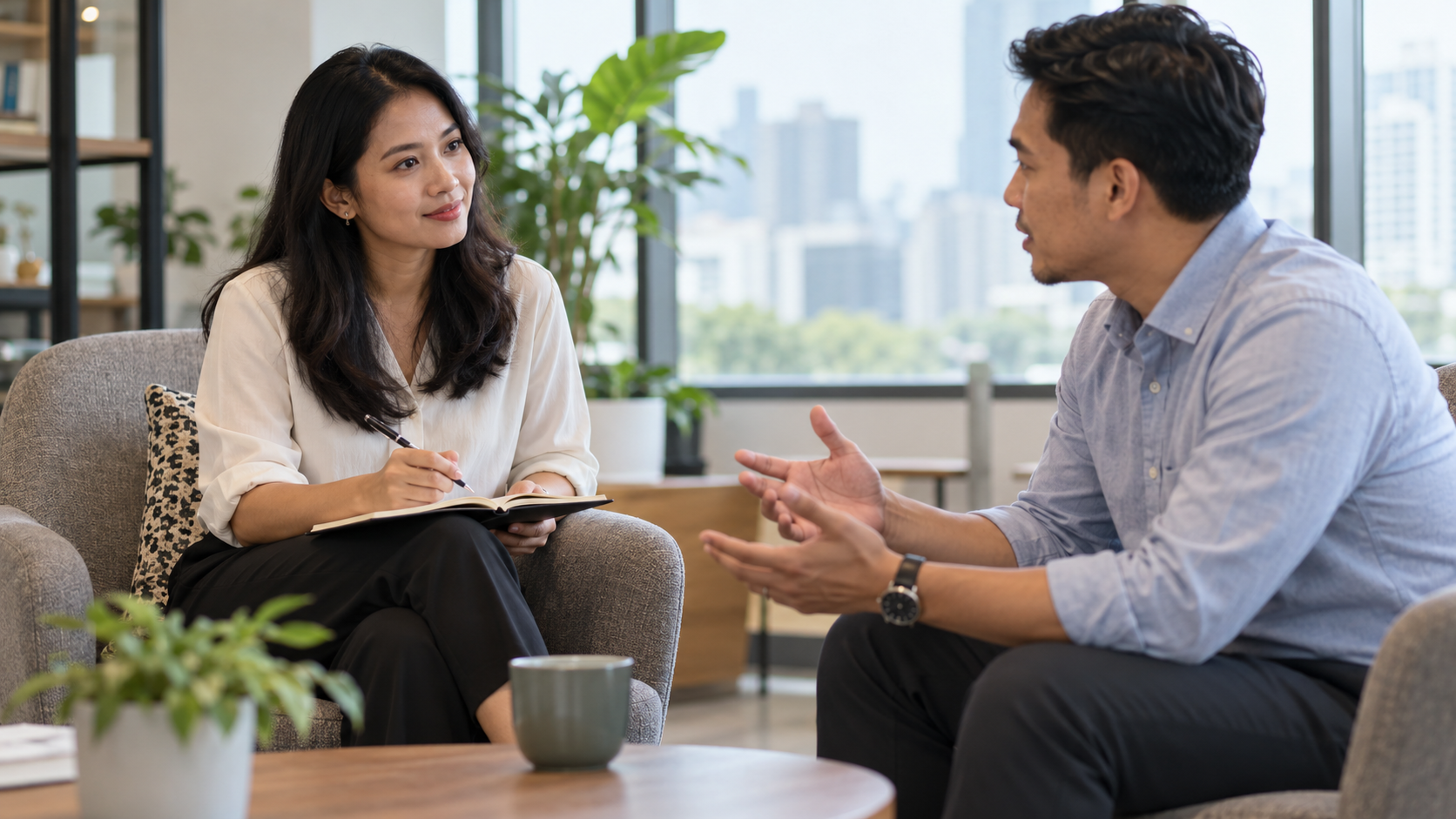Một đồng nghiệp ghi chú và chú tâm nghe người đối diện trình bày.
